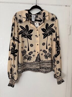 CAbi Cream and Black Botanical Print Button-Down Blouse